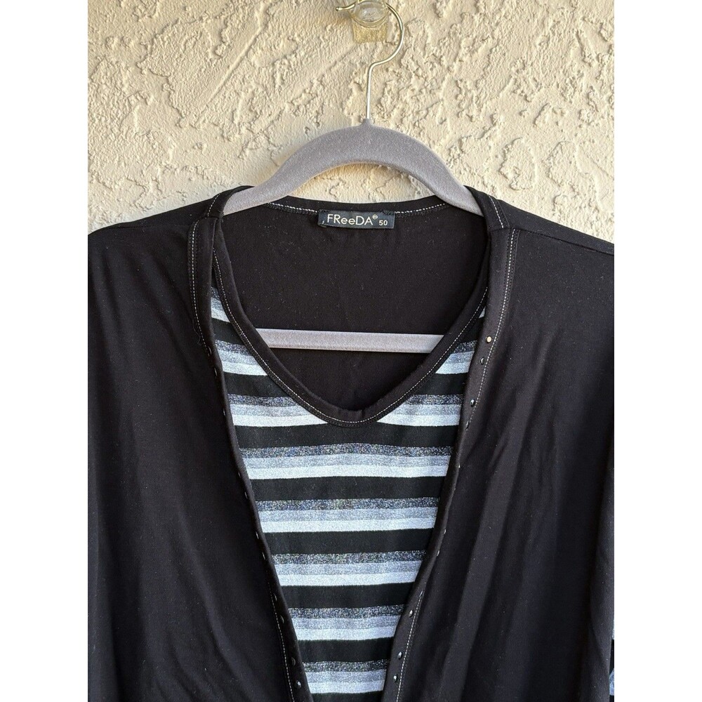 FreeDa Black & White Silver Sparkle Striped Whimsygoth Womans Large Shirt Charms - Picture 9 of 9